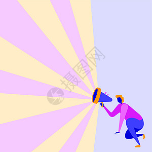 一名商务人士单膝跪地使用扩音器的插图制作精彩的新公告 一个男人坐着画画 制作出精彩的后期广告庆典竞赛广播计算机尖叫人士蓝色营销教图片
