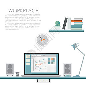 现代工作场所 矢量图 平面计算背景设计师咖啡房间团队监视器办公室绘画插图技术桌子图片