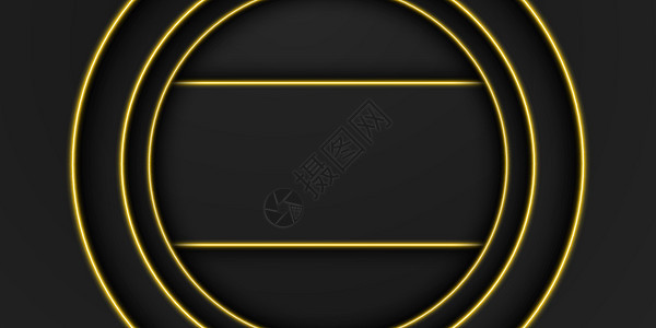 抽象金色金属黑框背景圆形重叠层与黄色光线圆圈和矩形形状黑暗最小设计与复制空间矢量图案图片