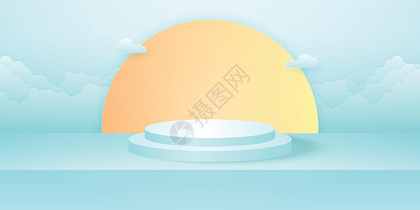 逼真的圆形讲台或基座 带有青色空荡荡的工作室最小产品背景太阳和云在天空背景中用于显示几何形状的模板模型图片