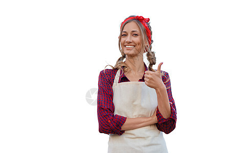 身着白底围裙的妇女 穿制服的高加索中年女商业主妇女爱好饭馆发型员工女性工作服务员快乐文员商业图片