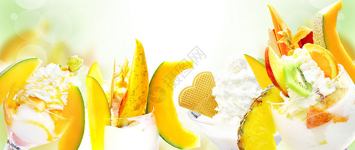 美味的冰淇淋加甜瓜和木瓜 健康的夏季食物概念圣代果汁橙子饮食热带营养晶圆味道奶油甜点图片