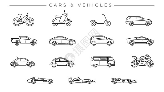 汽车和车辆概念线样式矢量图标集图表车轮运输信息旅行运动自行车赛车楷模掀背车图片
