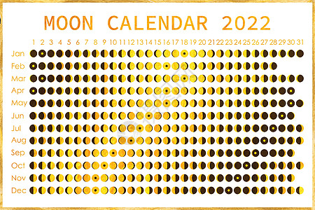 2022 年月亮日历 占星日历设计 规划师 贴纸的地方 月周期计划器模型 孤立的白色和金色背景图片