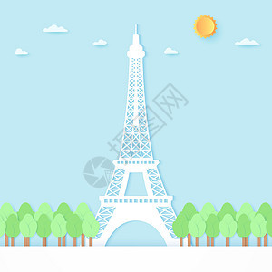 埃菲尔铁塔被 treesblue 天空和 sunpaper 艺术风格包围图片
