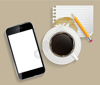 咖啡杯与抽象片剂矢量插图对他们的业务药片备忘录照片草图床单材料木头奶制品技术手机图片