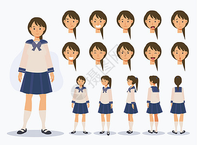 一组平面矢量字符日本女学生穿着制服 有各种观点卡通风格动画片衣服角色女士女性收藏女孩人物卡通片情感图片