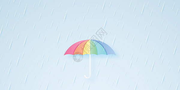 彩虹色雨伞与大雨雨季暴雨纸艺风格图片