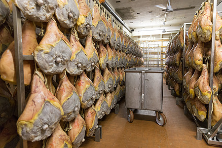 2018年5月2日 意大利波洛尼亚火腿工厂的熏肉熟食老化熏制工作养护营养制造业加工劳动美食图片