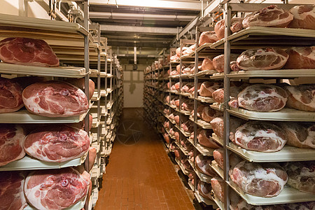 2018年5月2日 意大利波洛尼亚火腿工厂的熏肉美食商业存储养护火腿老化金融熏制猪肉烹饪背景图片