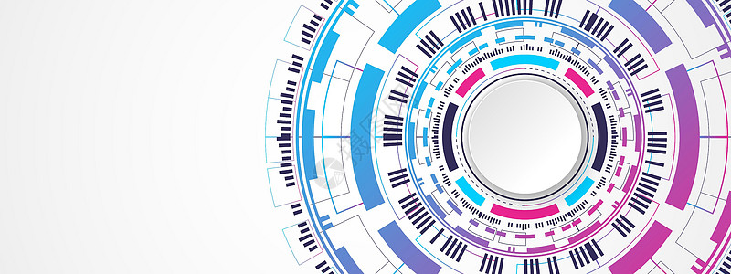 蓝色和粉红色渐变数字圆圈和电路板图案上的抽象彩色技术背景白色圆圈横幅图片