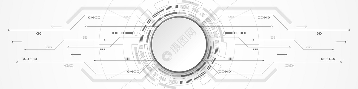 灰色数字电路板上的抽象技术背景白色圆圈横幅图片