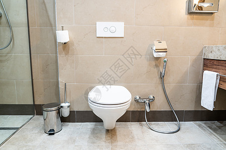现代洗手间有淋浴的白色马桶房子细菌奢华风格座位公寓壁橱装饰瓷砖腹泻背景图片