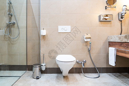 现代洗手间有淋浴的白色马桶卫生间装饰民众房间卫生公寓瓷砖腹泻风格陶瓷图片