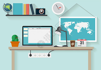 工作场所现代办公室室内平面设计矢量图杯子电脑设计师绘画组织桌子工作公寓团队互联网图片
