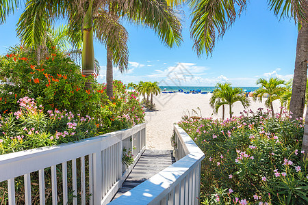 美国佛罗里达州圣彼得海滩上的滑板步行支撑栅栏热带入口公园旅行海洋阳光海滩蓝色图片