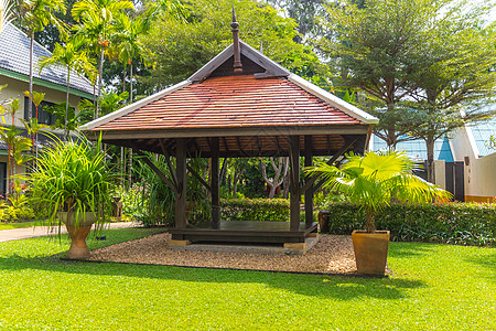真正的热带天然的美丽木木木马酒店建筑壁龛晴天乔木植物花园瑜伽庇护所草地背景图片