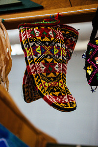 展示的土耳其式传统手小袜袜子针织手工羊毛纺织品织物白色季节性短袜火鸡针线活图片