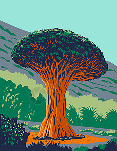 或或龙树在西班牙 WPA 海报艺术图片