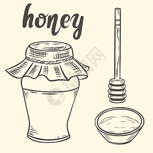 蜂蜜 jarspoon 和碗矢量复古插图的草图图片