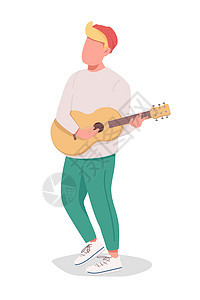 男孩弹吉他半平面颜色矢量特征图片