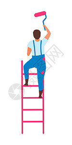 男子站在梯子上 带半平面彩色矢量特征的油漆滚筒图片