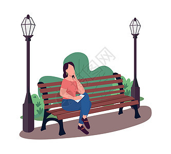 坐在公园长凳上的女人半平面颜色矢量特征图片