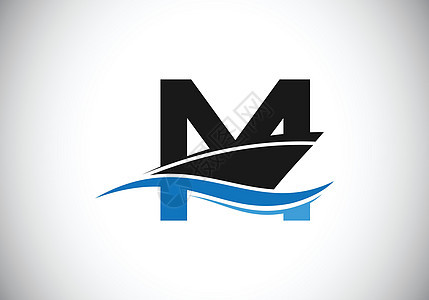 带有船标志设计模板的大写字母 M海浪海洋运输货物艺术公司巡航车轮帆船导航图片