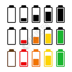 电池充电水平图标集 手机蓄电池电量指示灯符号 简单的平面设计 在白色上隔离的矢量图插图充电器电话碱性生活指标收费技术活力力量图片