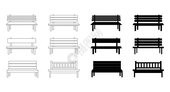 公园长椅图标 舒适的公共木制座椅符号集 轮廓和轮廓设计 在白色上隔离的矢量图图片