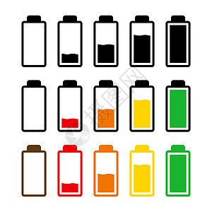 电池充电水平图标集 手机蓄电池电量指示灯符号 简单的平面设计 在白色上隔离的矢量图充值充电器指标手机电话力量活力技术生活收费图片