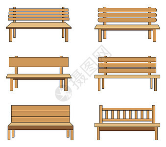 公园长椅图标 舒适的公共木制座椅符号集 简单的卡通设计 在白色上隔离的矢量图图片
