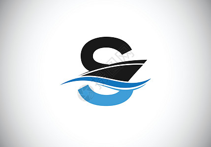带有船标志设计模板的大写字母 S字体蓝色速度商业巡航假期字母艺术游艇插图图片