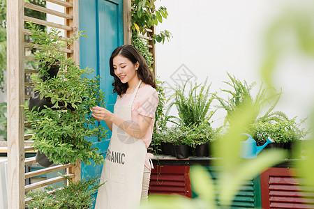 迷人的女子在花园里用松土动物砍伐树木绿色园艺快乐叶子植物女孩季节女士图片