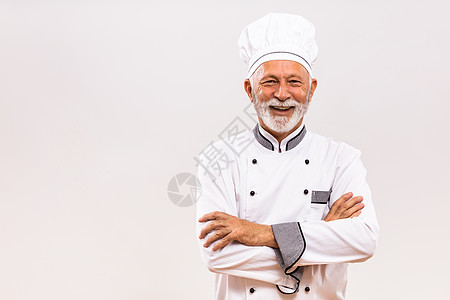 高级厨师白色食品幸福工艺灰色双臂烹饪快乐胡须成功图片