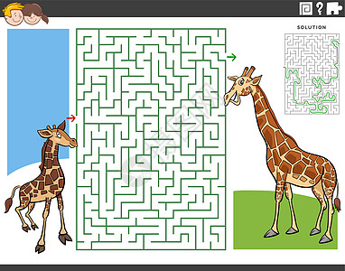 解决方案迷宫游戏与卡通小长颈鹿与 mo插画