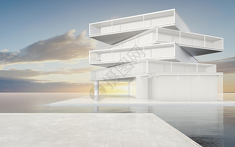 water3d 渲染上的现代概念建筑建筑学天堂住宅天空住房玻璃湖岸房子建造阳光图片