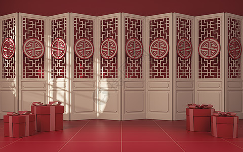中式空房间和screen3d渲染节日屏幕渲染建筑学红色艺术装饰品木头礼物阴影图片