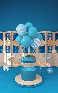 气球和礼物与蓝色 background3d 渲染创造力展示纪念日派对屏幕横幅生日盒子丝带庆典图片