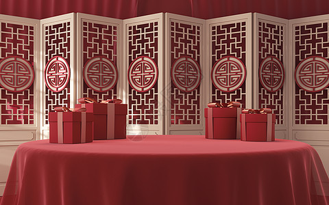 中式空房间和screen3d渲染装饰品建筑学屏幕框架桌子红色木头文化阴影节日图片