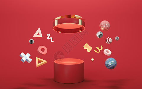 气球和礼物与红色 background3d 渲染丝带派对展示周年创造力产品纪念日盒子惊喜陈列柜图片