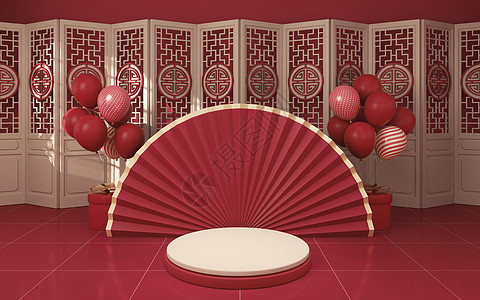 空荡荡的舞台和中式房间3D渲染文化屏风气球红色节日庆典繁荣圆形产品礼物图片