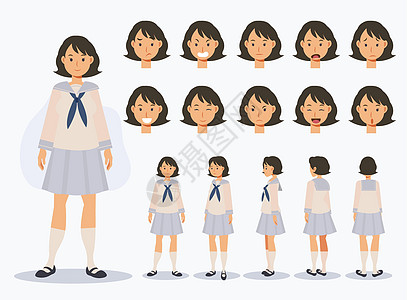 一组平面矢量字符日本女学生穿着制服 有各种观点卡通风格女性人物衣服女孩收藏插图情感社论角色卡通片图片