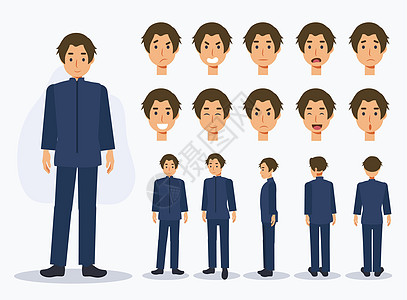 一组平面矢量字符日本学生男孩穿着制服 有各种观点卡通风格动画男性社论人物收藏情感剪贴男生男人衣服图片