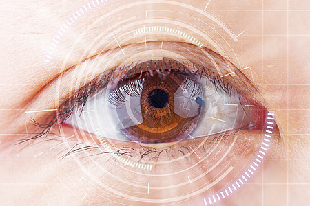特写棕色眼睛未来白内障保护扫描隐形眼镜图片