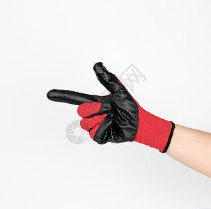 黑红色的纺织工作手套点 用指向白边的食指对面手指材料棉布女士女性家庭工业织物衣服黑色图片