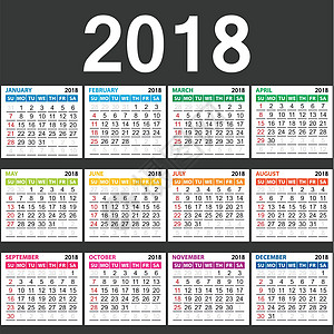 简单的矢量 2018 年新年日历在表中简单干净的最小样式周从周日开始办公室工作尺寸规划师插图商业卡片日记笔记数字图片