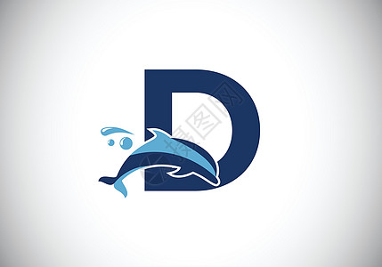 带有海豚标志设计的初始 D 字母字母表 水动物图标 字体标志 商业和公司身份的现代矢量标识运动游泳蓝色生活野生动物海洋潜水冲浪插图片