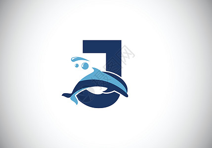 带有海豚标志设计的初始 J 字母字母表 水动物图标 字体标志 商业和公司身份的现代矢量标识海浪潜水游泳插图蓝色品牌餐厅野生动物艺图片