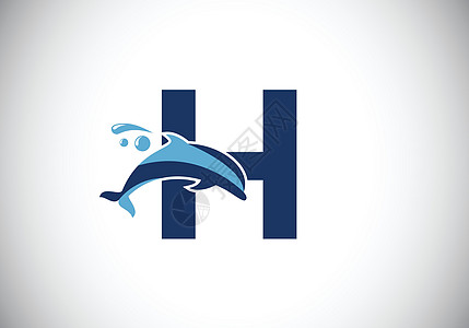 带有海豚标志设计的初始 H 单字字母字母表 水动物图标 字体标志 商业和公司身份的现代矢量标识哺乳动物蓝色运动乐趣生活品牌冲浪艺图片
